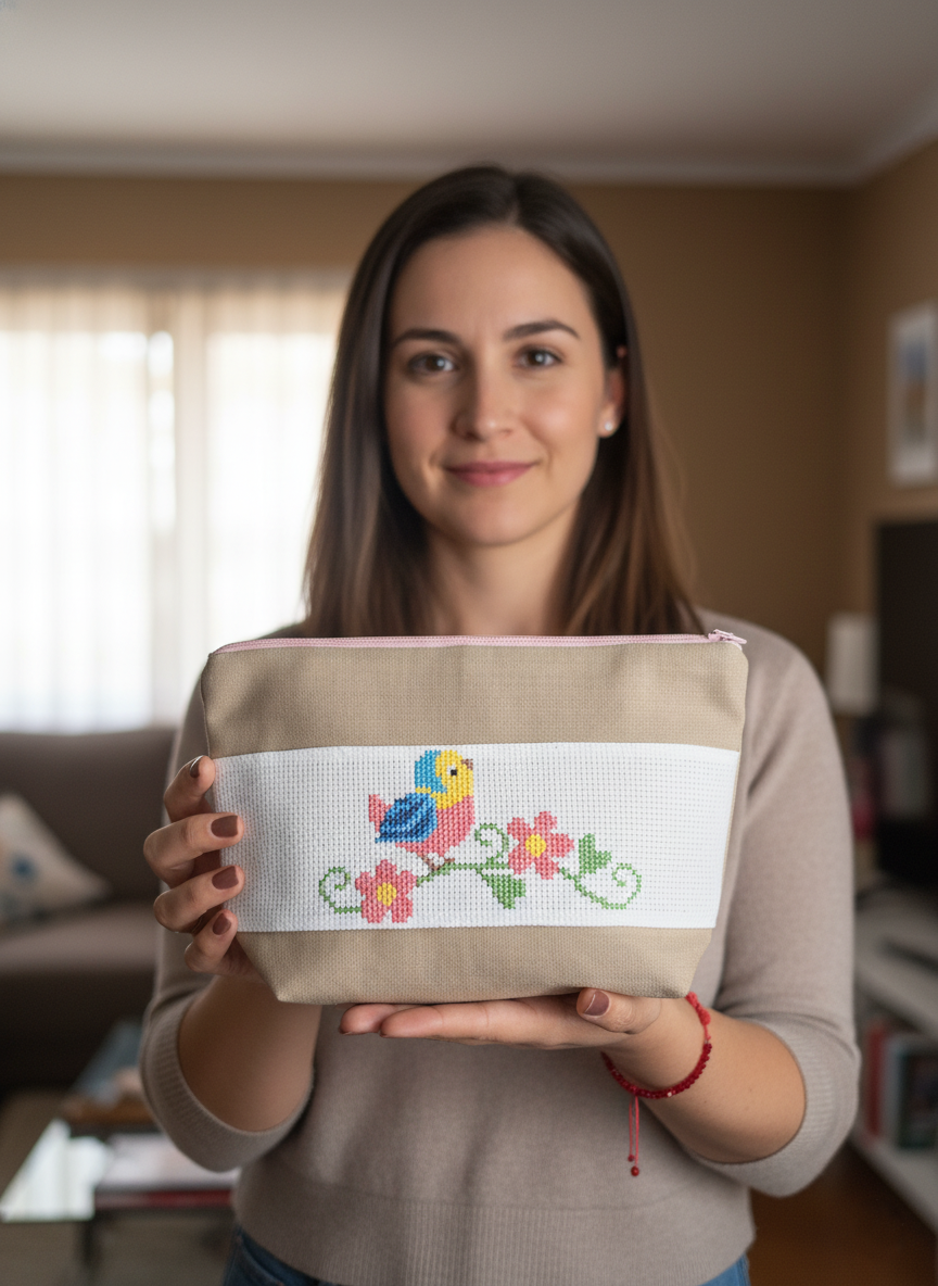 Cosmetiquera Punto de cruz (Hecho a mano)