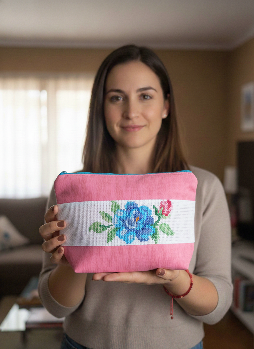 Cosmetiquera Punto de cruz (Hecho a mano)