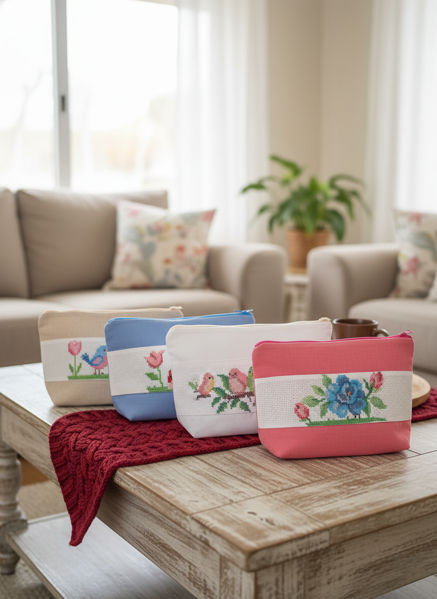 Cosmetiquera Punto de cruz (Hecho a mano)